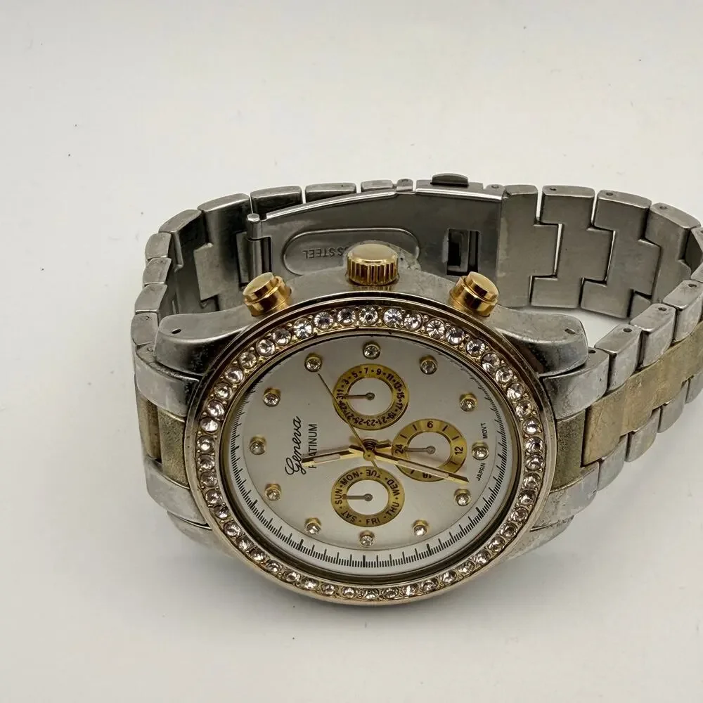 Elegant Geneva Platinum Two-tone Women's Crystal Quartz Watch, Working